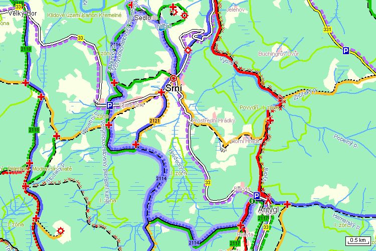 Antýgl - Rokyta - Pod Kostelním vrchem - Mosau - Sedlo (a Srňský okruh) - Srní - Výškový profil