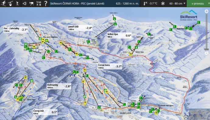 Mapa SkiResort ČERNÁ HORA – PEC, aktuální situace ze dne 29.1.2022. Foto: ©www.skiresort.cz