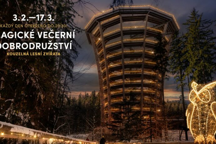Stezka korunami stromů Krkonoše. Zcela výjimečnou atmosféru jí při této příležitosti dodají osvětlené modely lesních zvířat v nadživotní velikosti.