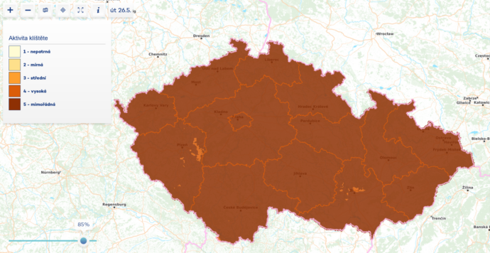 Mapa aktivity klíšťat v ČR. Zdroj: https://info.chmi.cz/bio/mapy.php?type=kliste